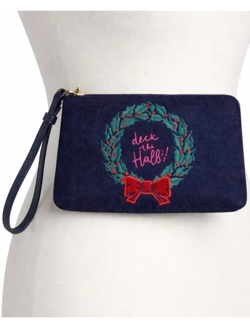 Talbots Navy Wool Wristlet Pouch Deck the Halls Holiday Wristlet Bag Zip EUC